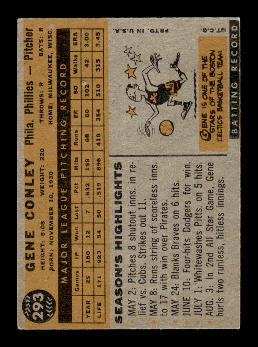 1960 Topps #293 Gene Conley - Philadelphia Phillies EX