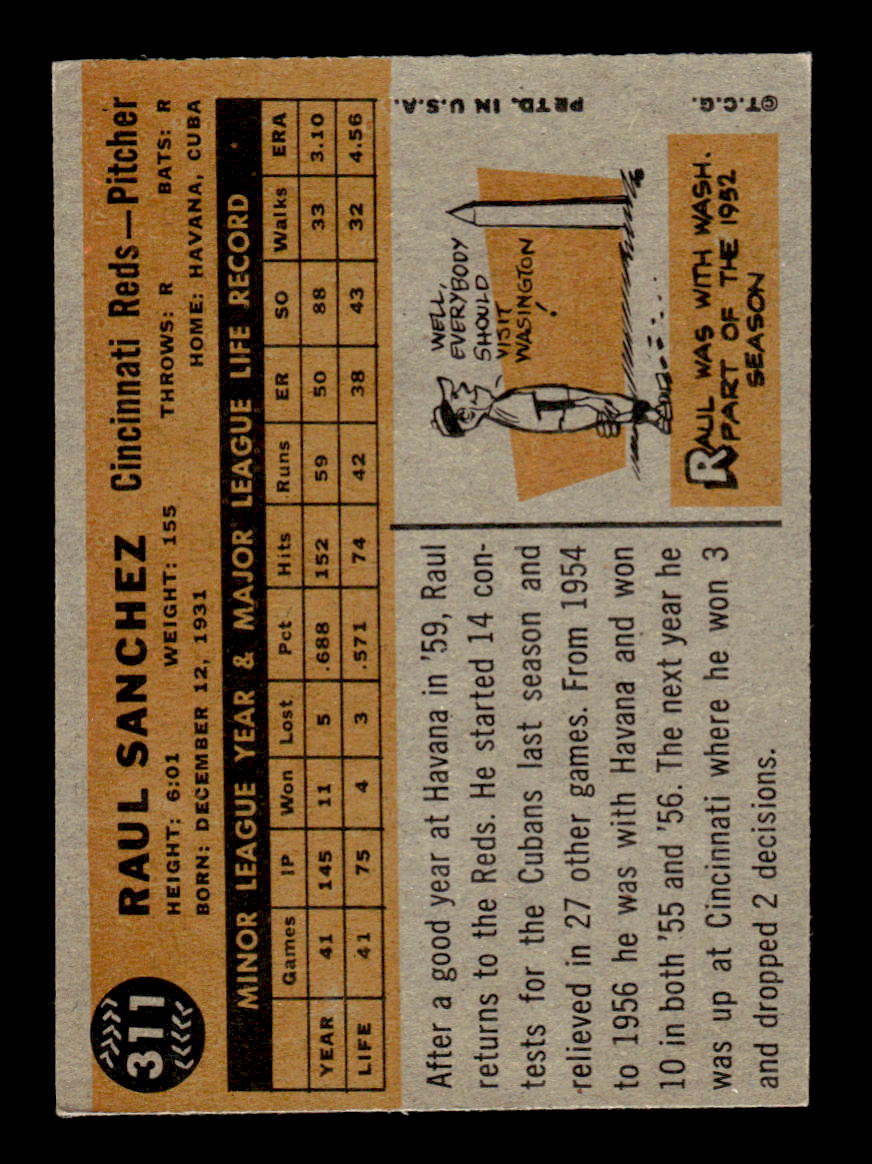 1960 Topps #311 Raul Sanchez - Cincinnati Reds VGEX