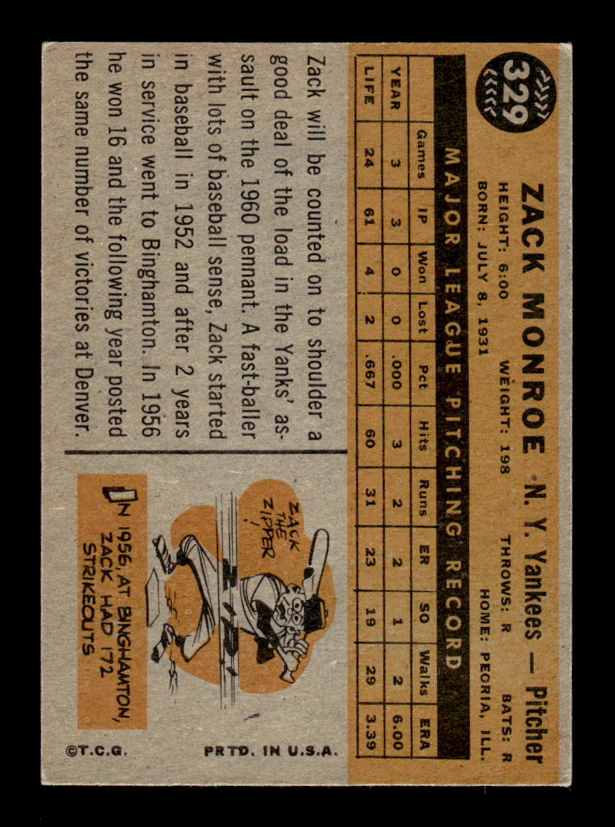 1960 Topps #329 Zack Monroe - New York Yankees EXMT