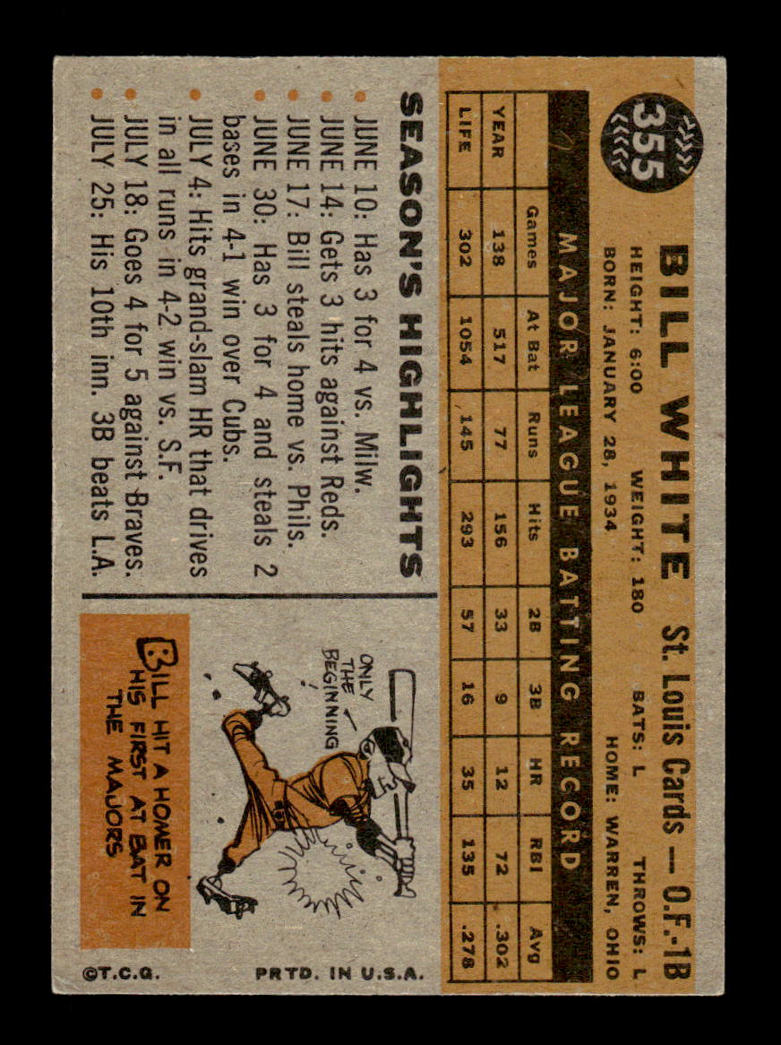 1960 Topps #355 Bill White - St. Louis Cardinals EX