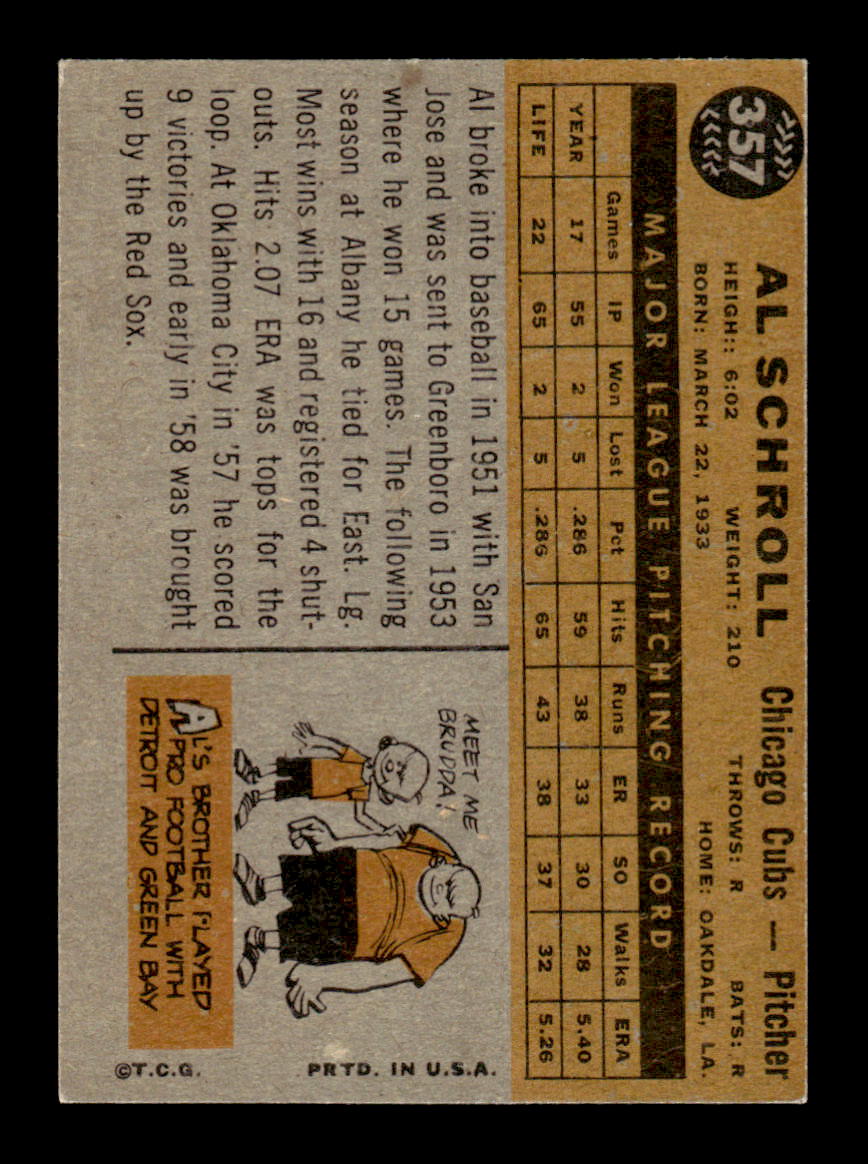 1960 Topps #357 Al Schroll - Chicago Cubs EXMT