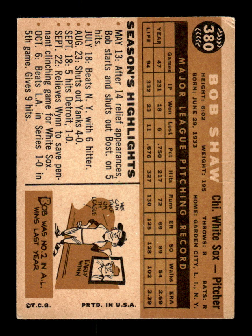 1960 Topps #380 Bob Shaw - Chicago White Sox VGEX