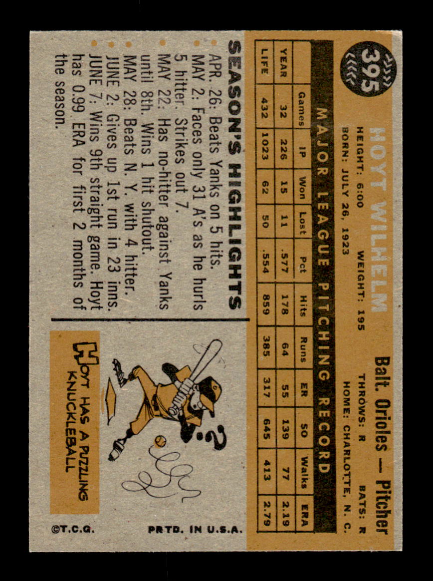 1960 Topps #395 Hoyt Wilhelm - Baltimore Orioles EXMT GRAY BACK