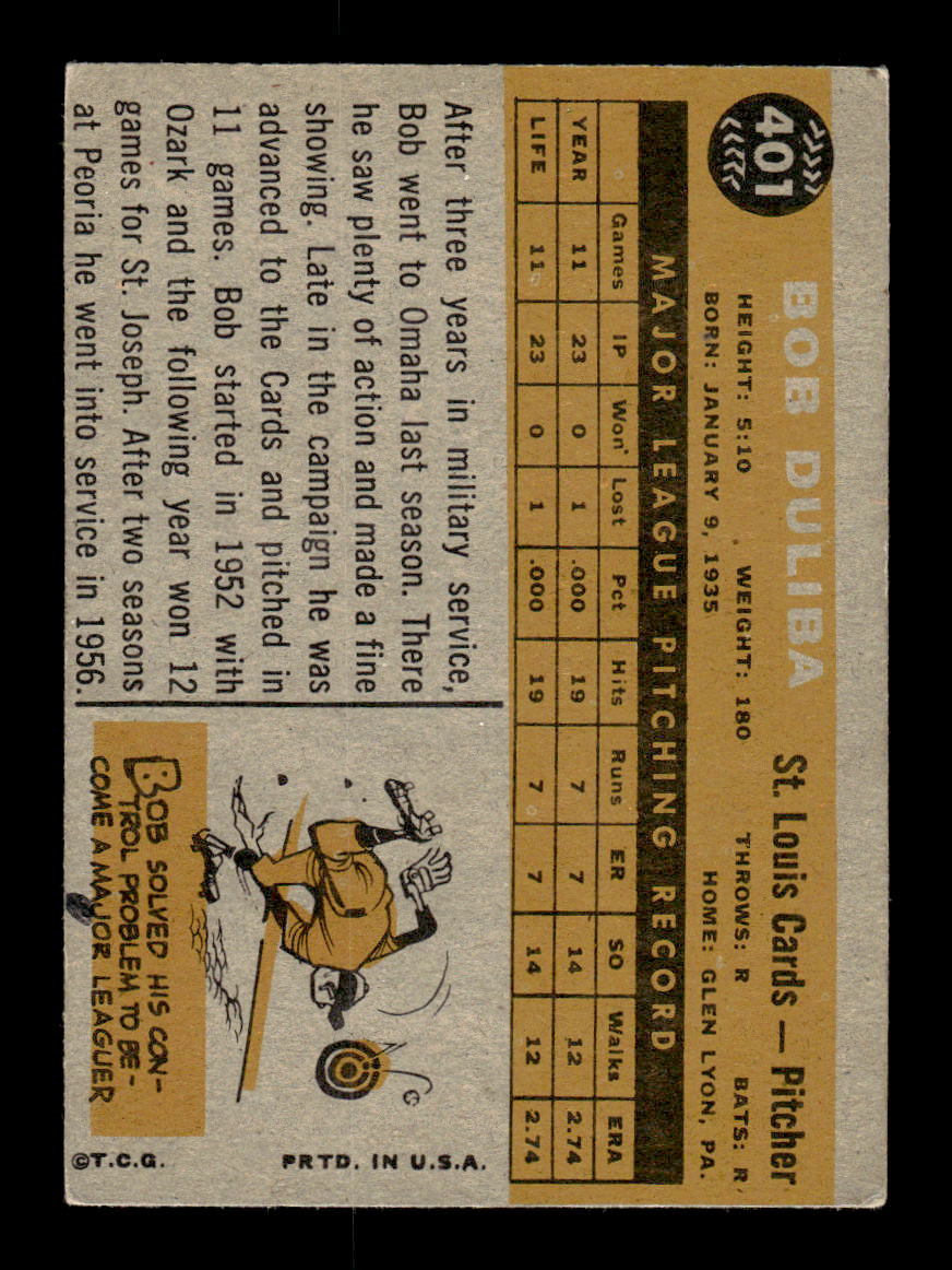 1960 Topps #401 Bob Duliba - St. Louis Cardinals RC VG