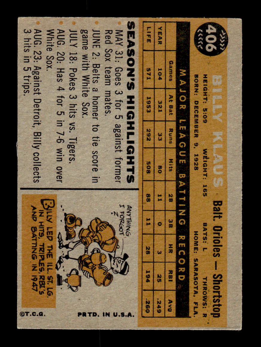 1960 Topps #406 Billy Klaus - Baltimore Orioles VGEX GRAY BACK