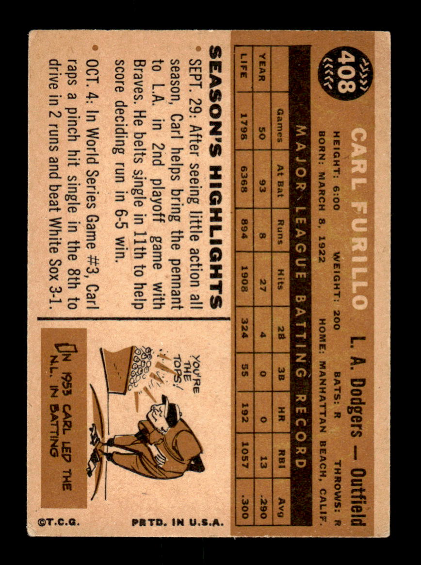 1960 Topps #408 Carl Furillo - Los Angeles Dodgers VGEX