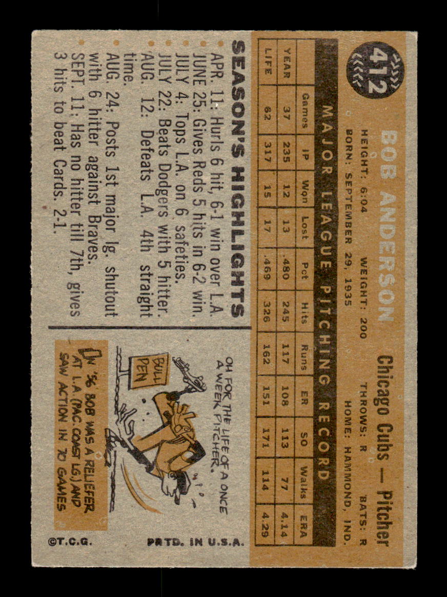 1960 Topps #412 Bob Anderson - Chicago Cubs VG GRAY BACK