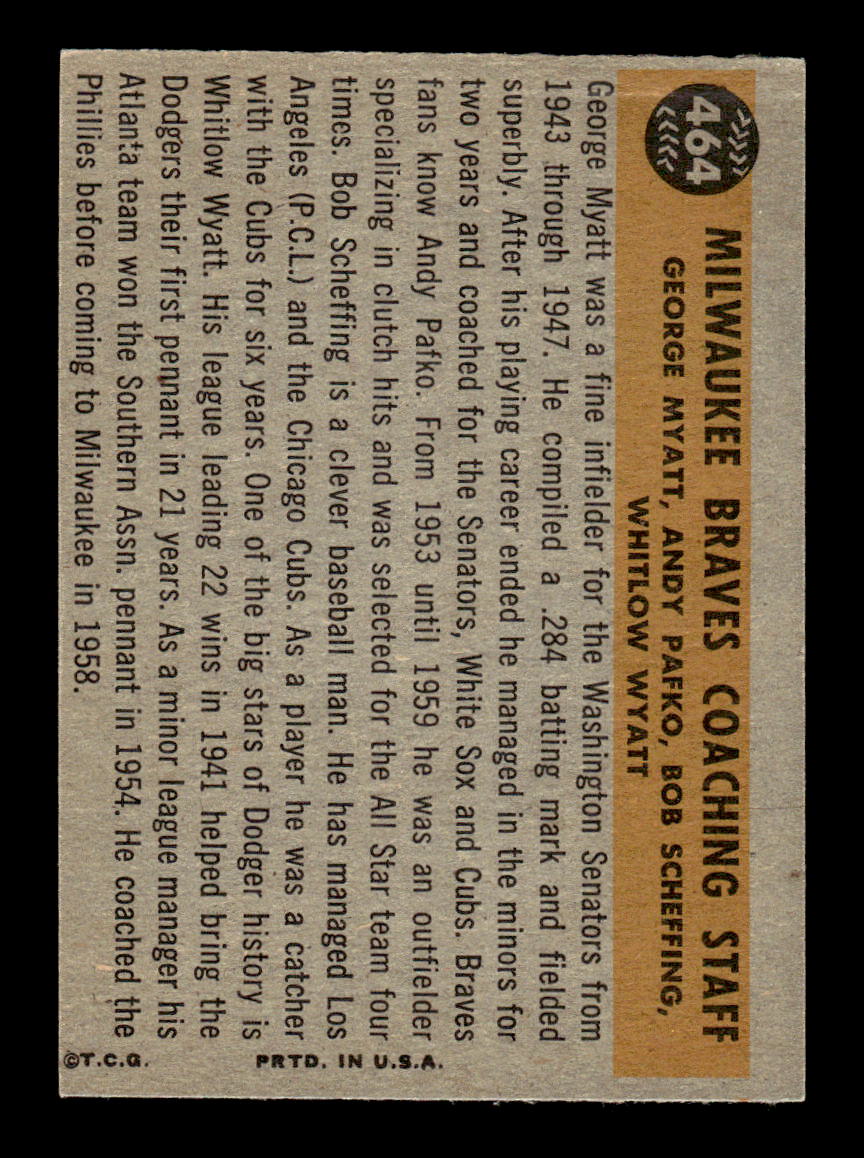 1960 Topps #464 Braves Coaches EXMT