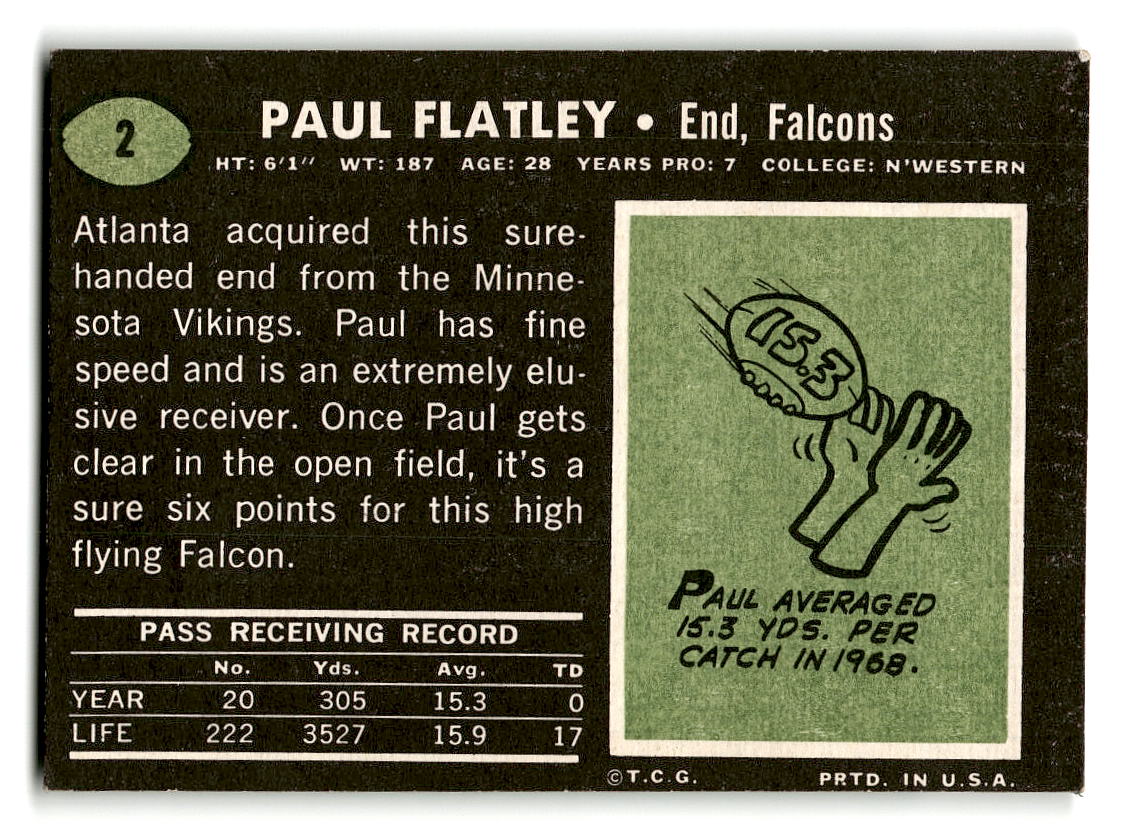 1969 Topps #2 Paul Flatley Atlanta Falcons EX
