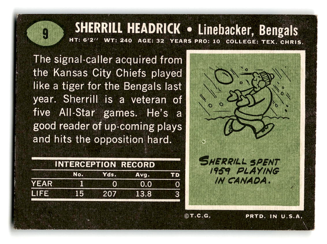 1969 Topps #9 Sherrill Headrick Cincinnati Bengals VG