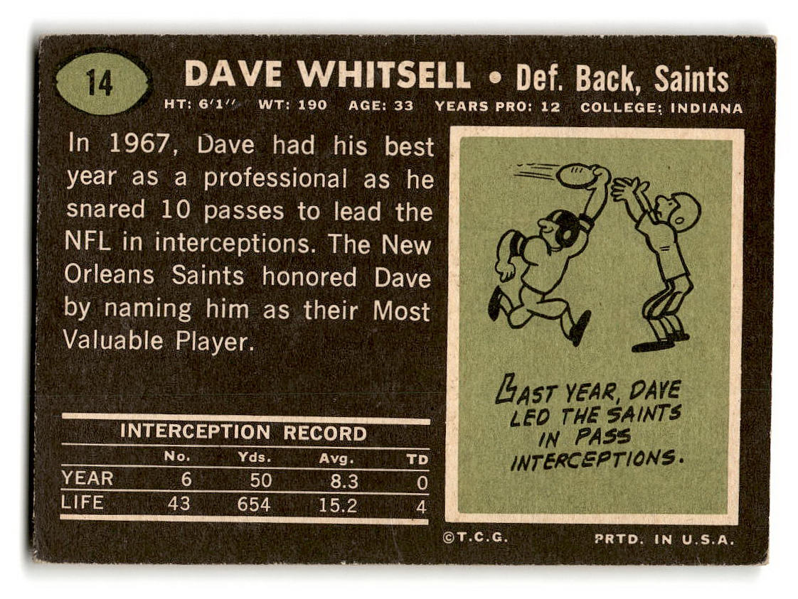 1969 Topps #14 Dave Whitsell New Orleans Saints EX