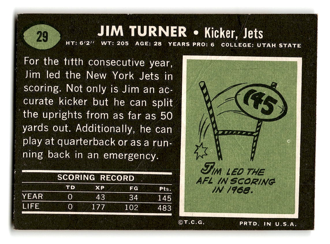 1969 Topps #29 Jim Turner New York Jets P/F CR