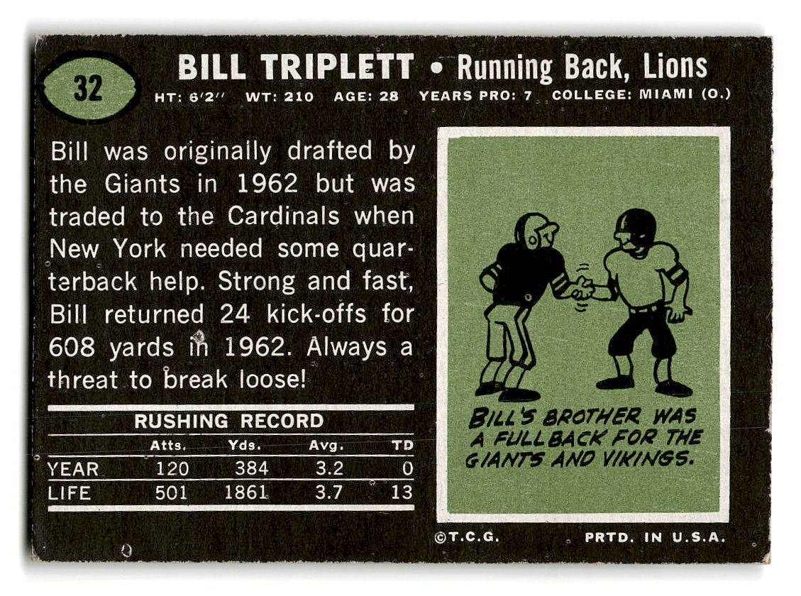 1969 Topps #32 Bill Triplett Detroit Lions EX
