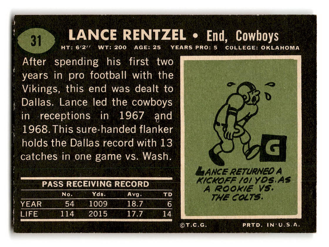 1969 Topps #31 Lance Rentzel RC Dallas Cowboys EX