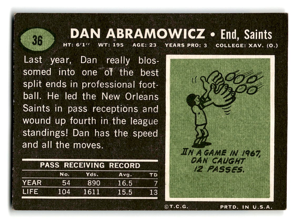 1969 Topps #36 Dan Abramowicz RC New Orleans Saints EX