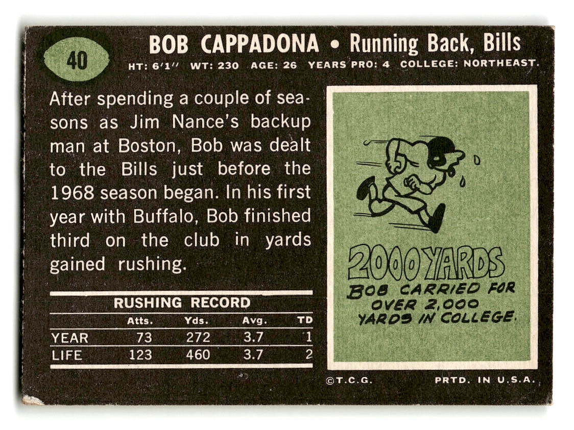 1969 Topps #40 Bob Cappadona RC Buffalo Bills EX