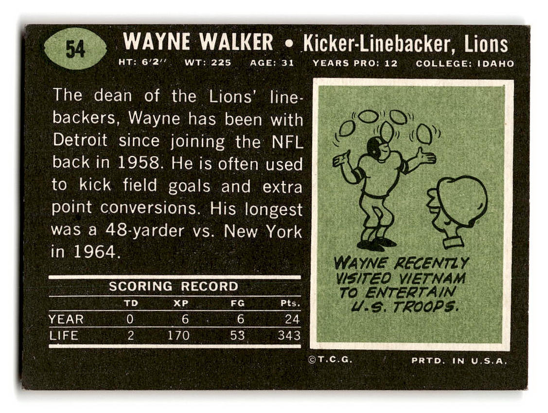 1969 Topps #54 Wayne Walker Detroit Lions EX