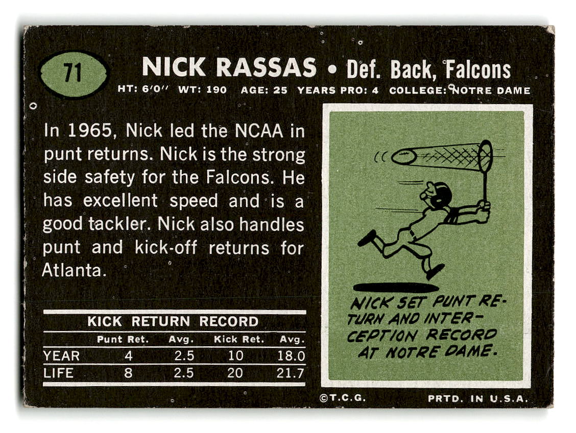 1969 Topps #71 Nick Rassas RC Atlanta Falcons EX