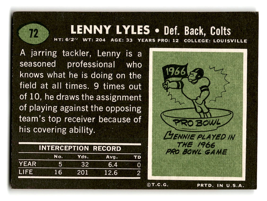 1969 Topps #72 Lenny Lyles Baltimore Colts EX