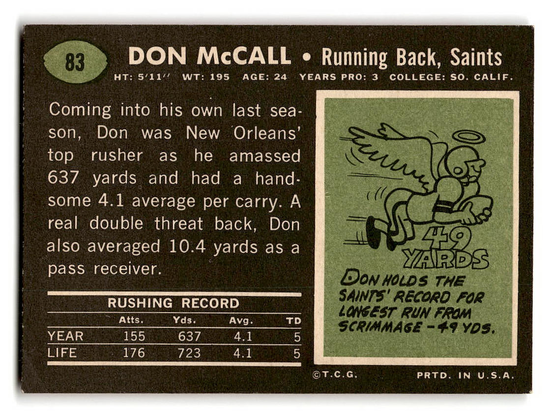 1969 Topps #83 Don McCall RC New Orleans Saints EX