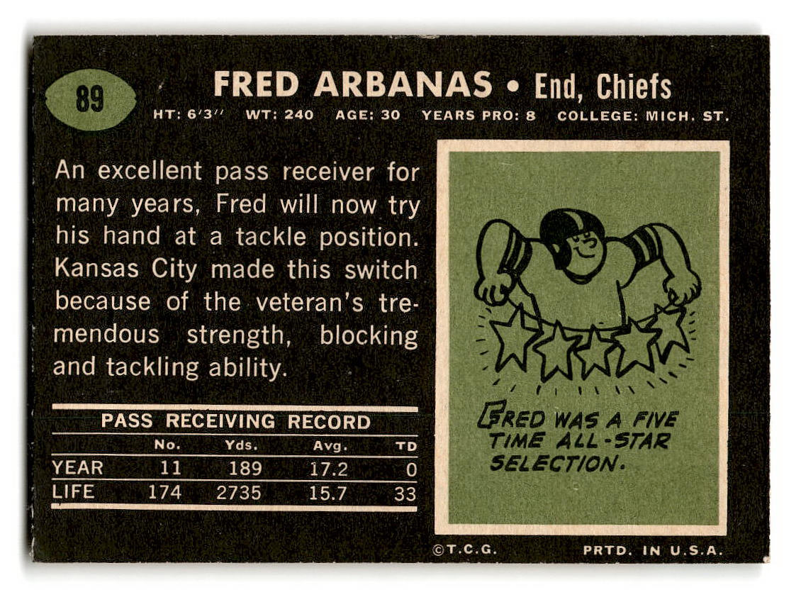 1969 Topps #89 Fred Arbanas Kansas City Chiefs EX