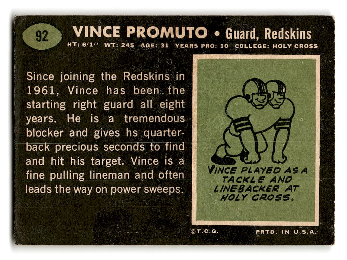 1969 Topps #92 Vince Promuto Washington Redskins G