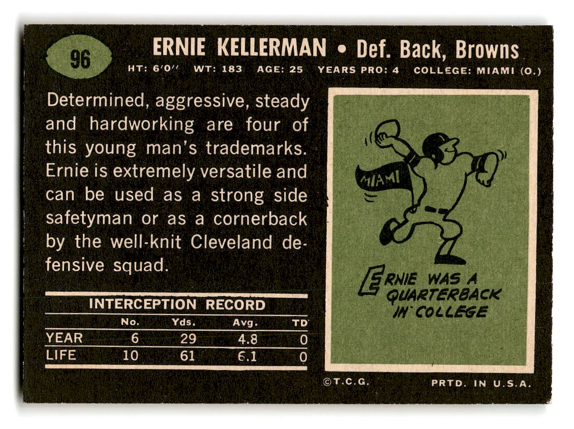 1969 Topps #96 Ernie Kellerman RC Cleveland Browns EX
