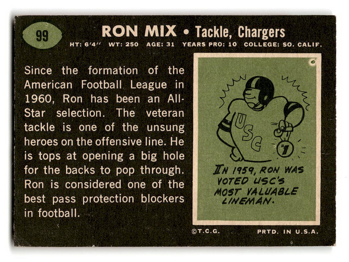 1969 Topps #99 Ron Mix San Diego Chargers VG