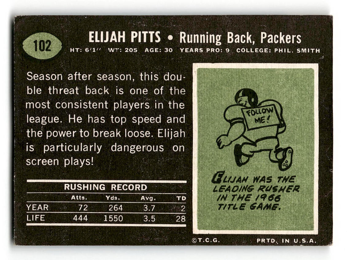 1969 Topps #102 Elijah Pitts Green Bay Packers G