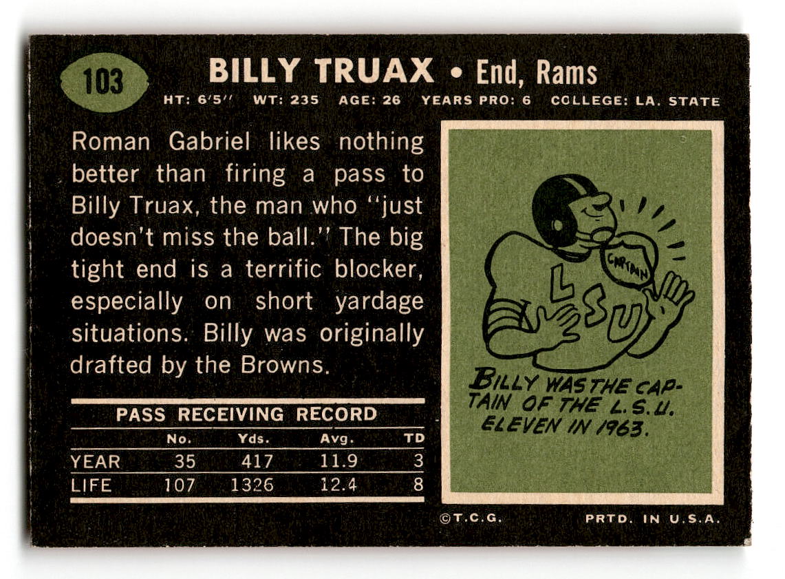 1969 Topps #103 Billy Truax RC Los Angeles Rams EX