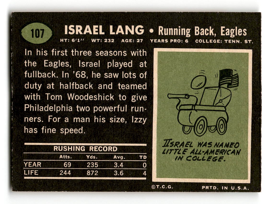 1969 Topps #107 Israel Lang RC Philadelphia Eagles EX