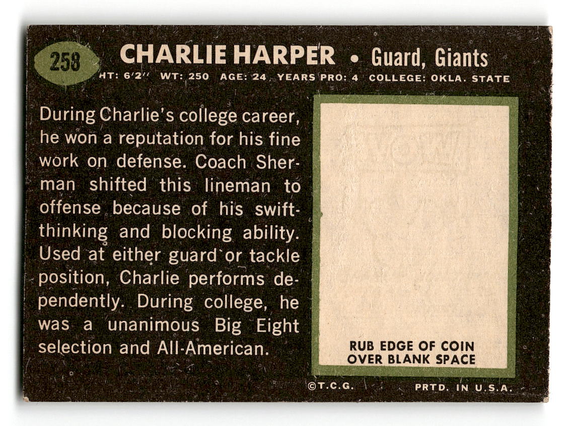 1969 Topps #258 Charlie Harper RC New York Giants VG