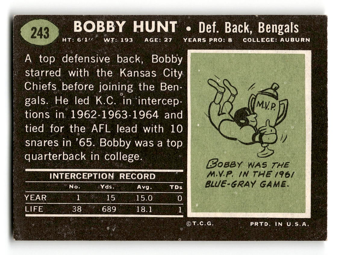 1969 Topps #243 Bobby Hunt Cincinnati Bengals VG