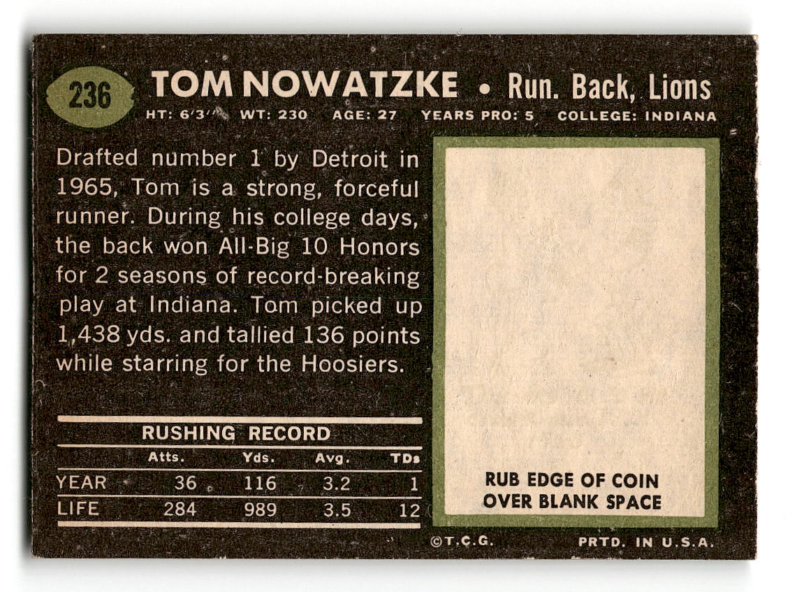 1969 Topps #236 Tom Nowatzke Detroit Lions VG