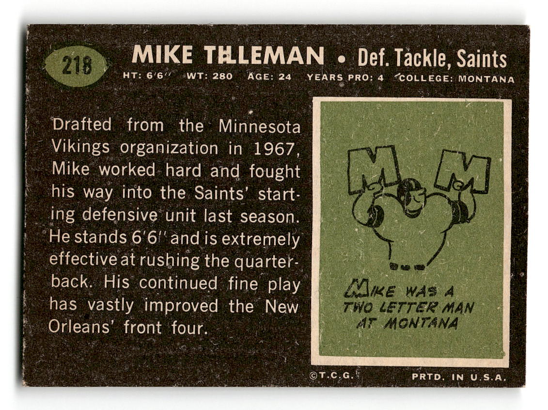 1969 Topps #218 Mike Tilleman RC New Orleans Saints VG