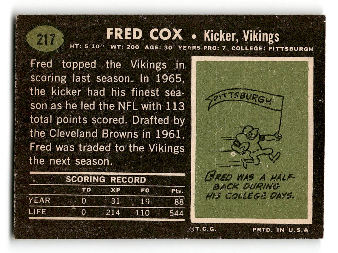 1969 Topps #217 Fred Cox Minnesota Vikings VG