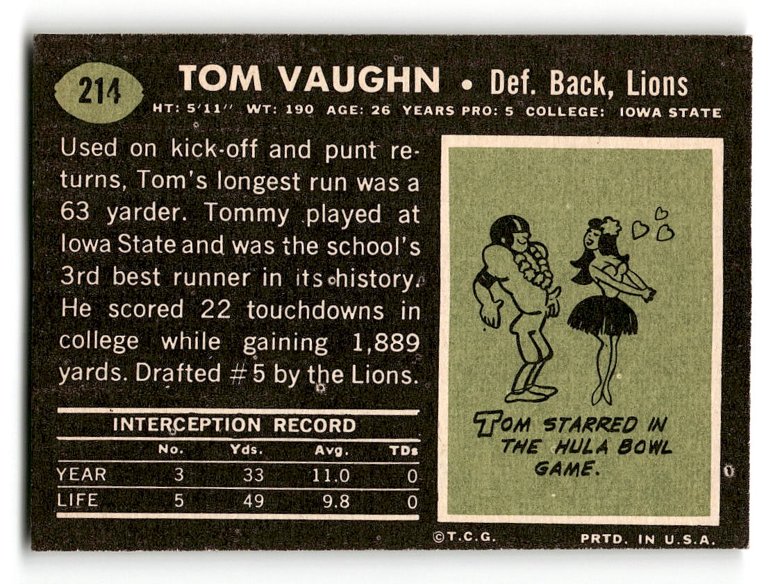 1969 Topps #214 Tom Vaughn RC Detroit Lions VG