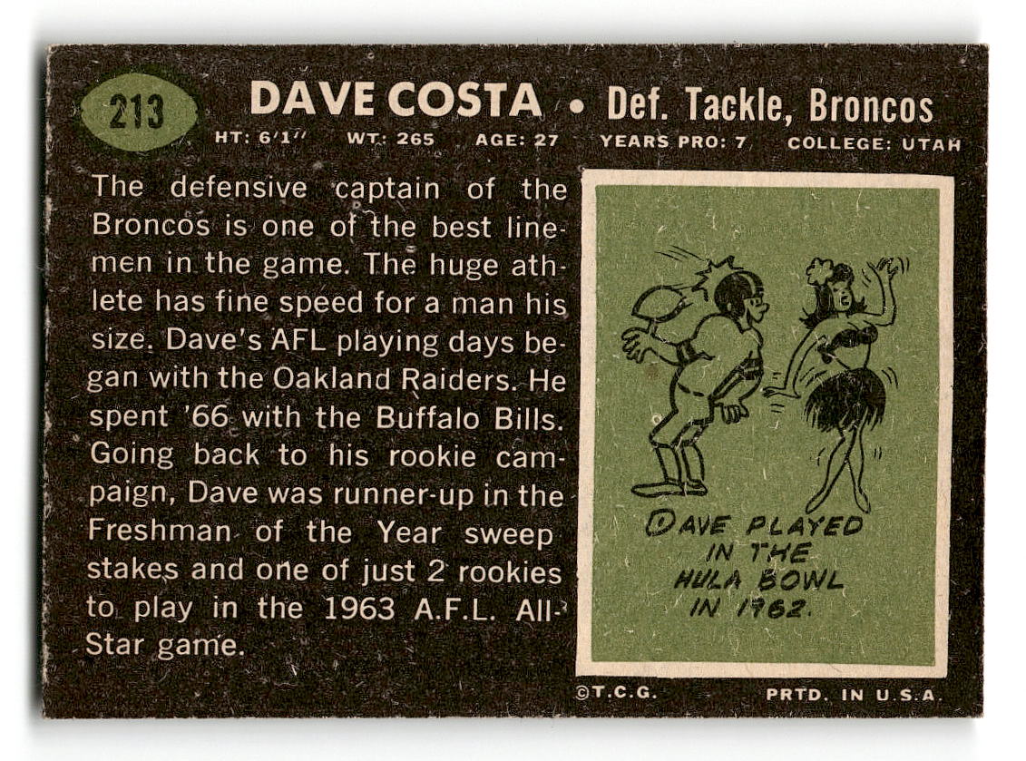 1969 Topps #213 Dave Costa Denver Broncos VG