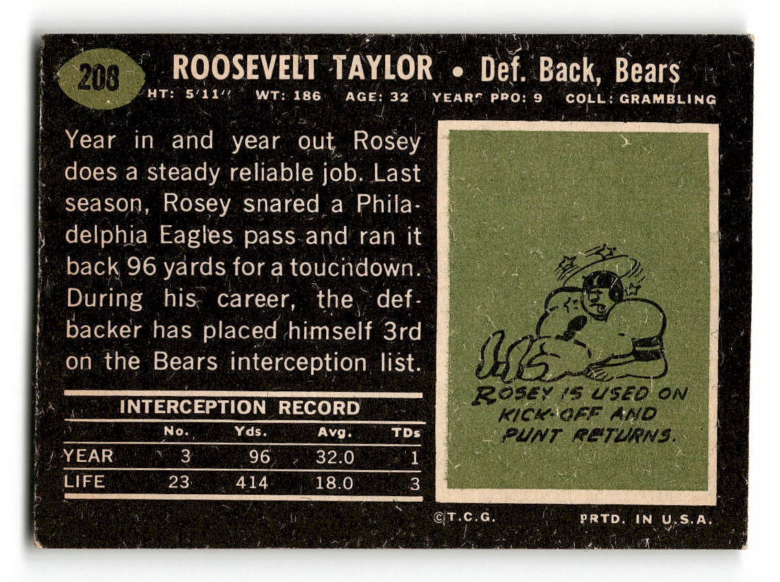 1969 Topps #208 Rosey Taylor Chicago Bears VG