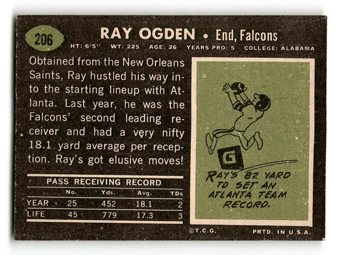 1969 Topps #206 Ray Ogden RC Atlanta Falcons VG