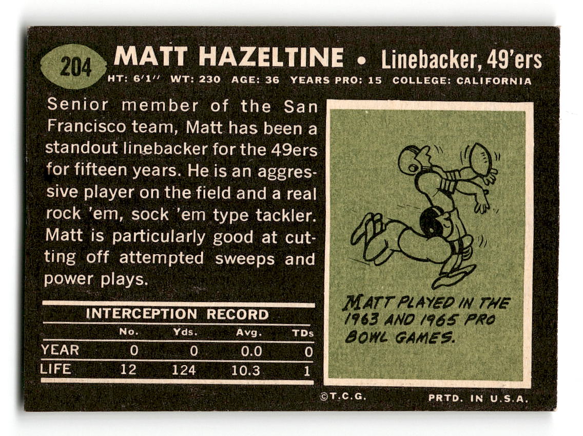 1969 Topps #204 Matt Hazeltine San Francisco 49ers VG