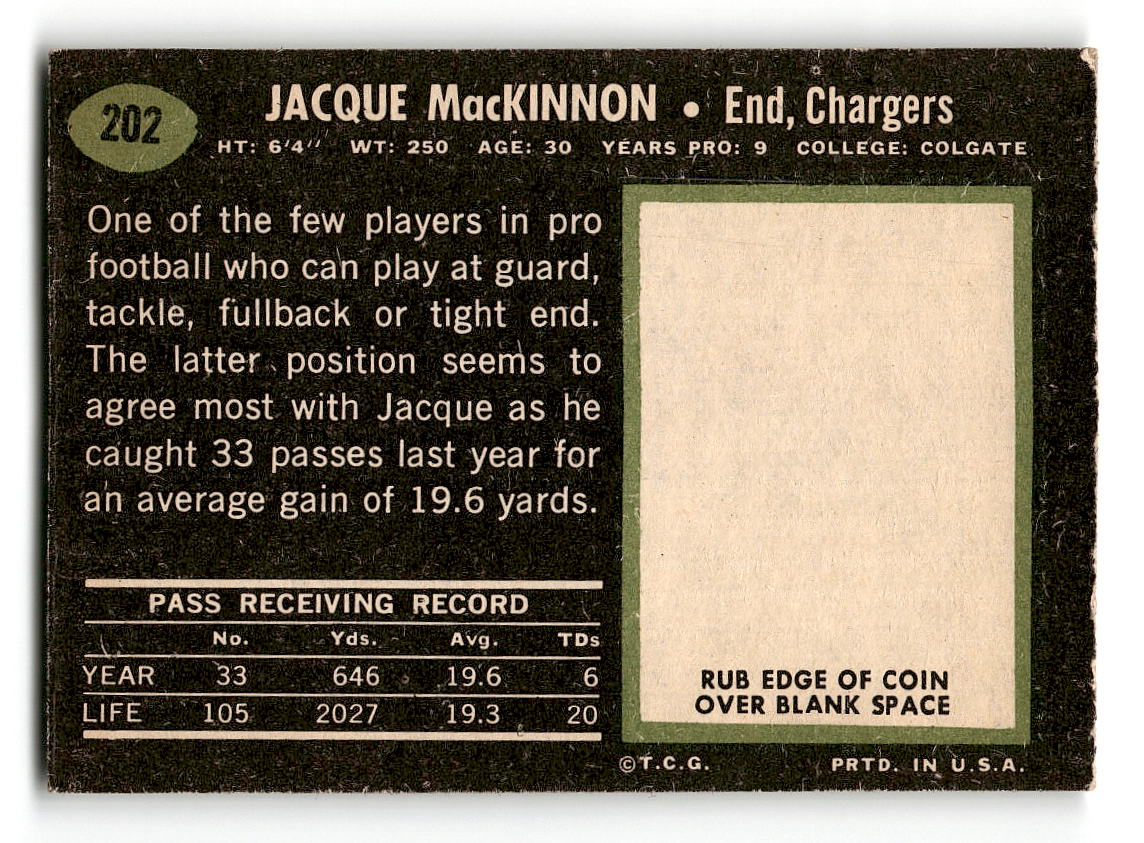 1969 Topps #202 Jacque MacKinnon San Diego Chargers VG