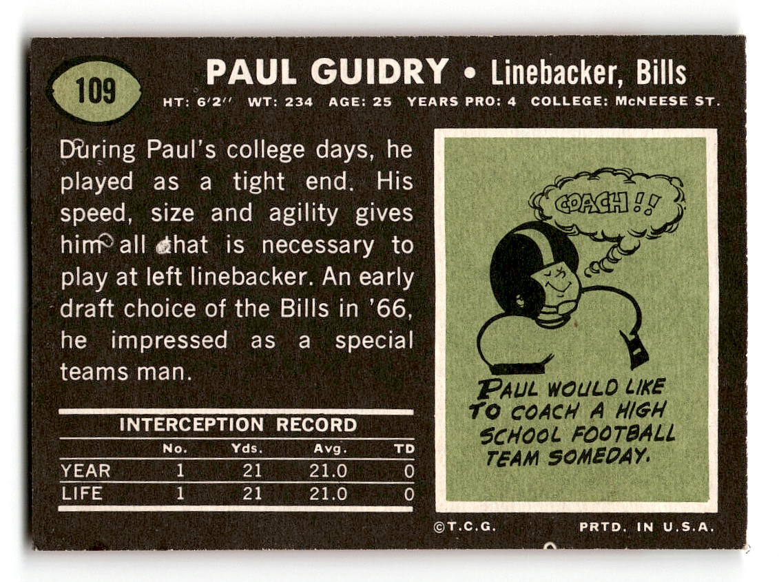 1969 Topps #109 Paul Guidry RC Buffalo Bills EX
