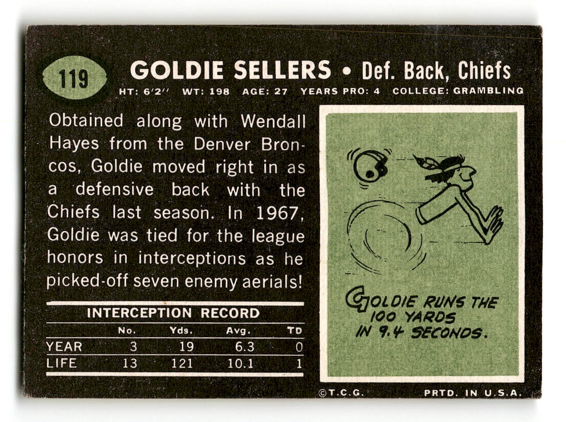 1969 Topps #119 Goldie Sellers RC Kansas City Chiefs EX