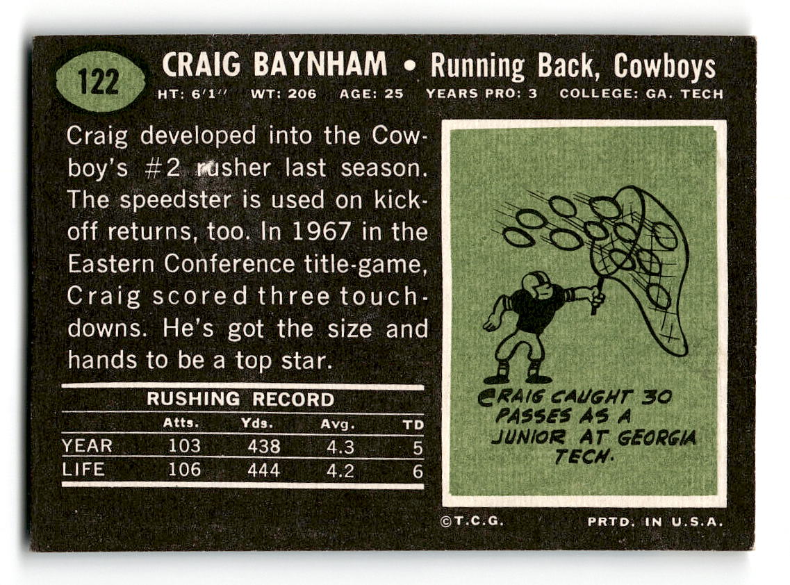 1969 Topps #122 Craig Baynham RC Dallas Cowboys EX