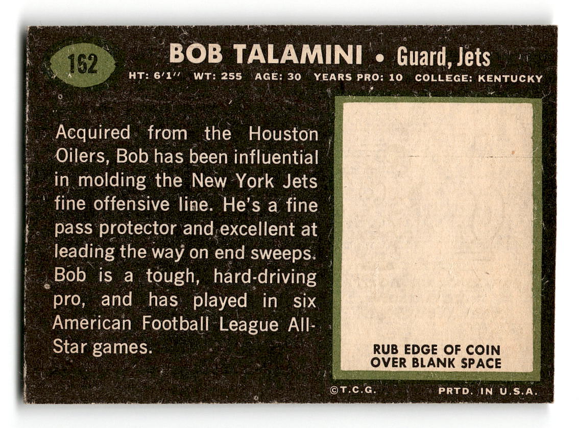 1969 Topps #162 Bob Talamini New York Jets EX