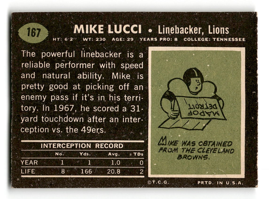 1969 Topps #167 Mike Lucci Detroit Lions EX