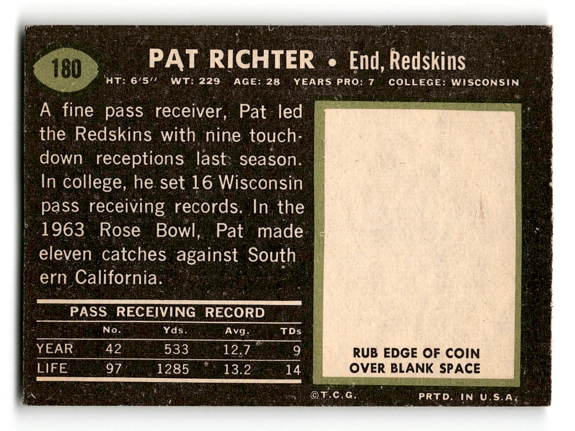 1969 Topps #180 Pat Richter Washington Redskins EX