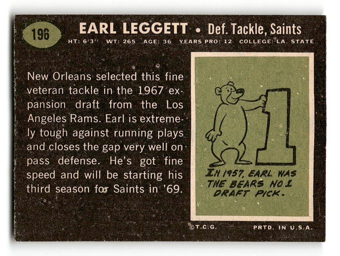 1969 Topps #196 Earl Leggett New Orleans Saints EX