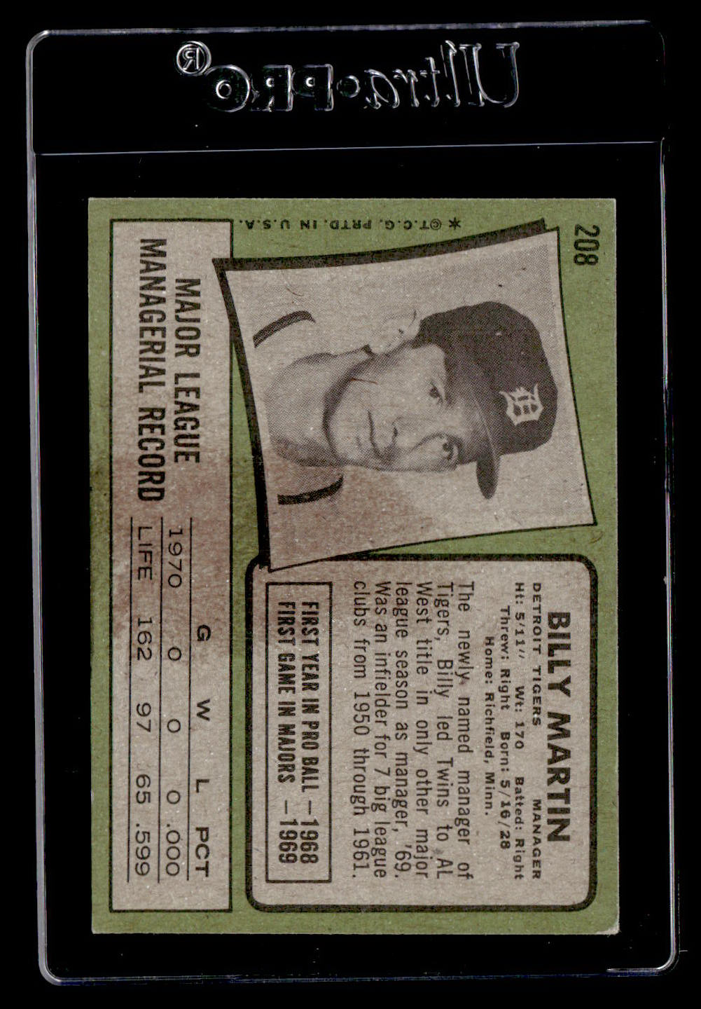 1971 Topps #208 Billy Martin MG VG